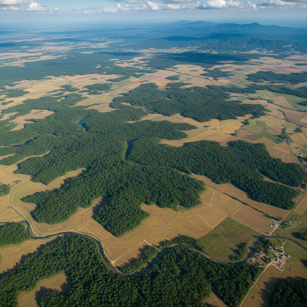 Satellite view of fragmented forest with cleared agricultural patches, 2019