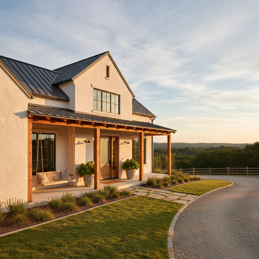Modern farmhouse exterior with smooth sand-float stucco finish in warm white, late afternoon sunlight raking across the textured facade