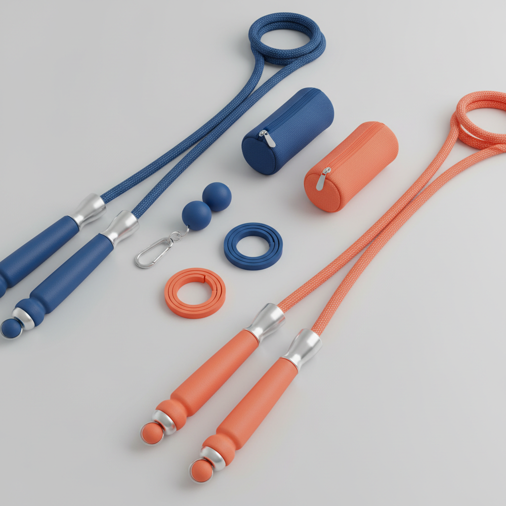 Two jump ropes side by side with matching accessories, couple fitness gift
