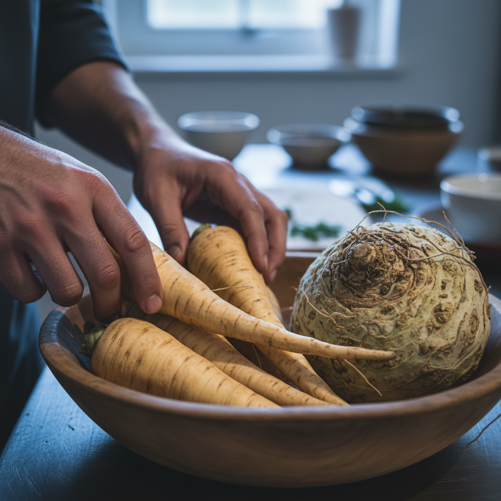 Close-up of chef hands selecting root vegetables at pre-dawn market, parsnips and celeriac