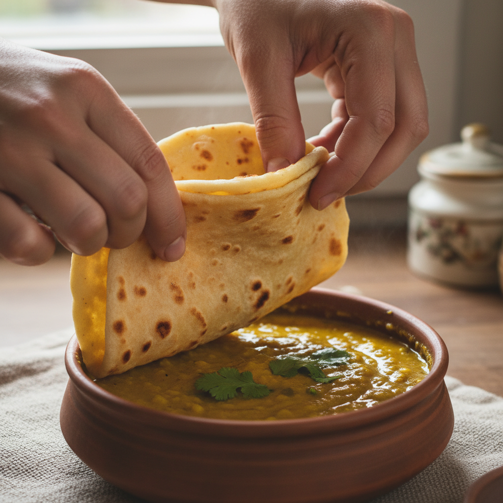 Handen die roti vouwen boven een kom dhal