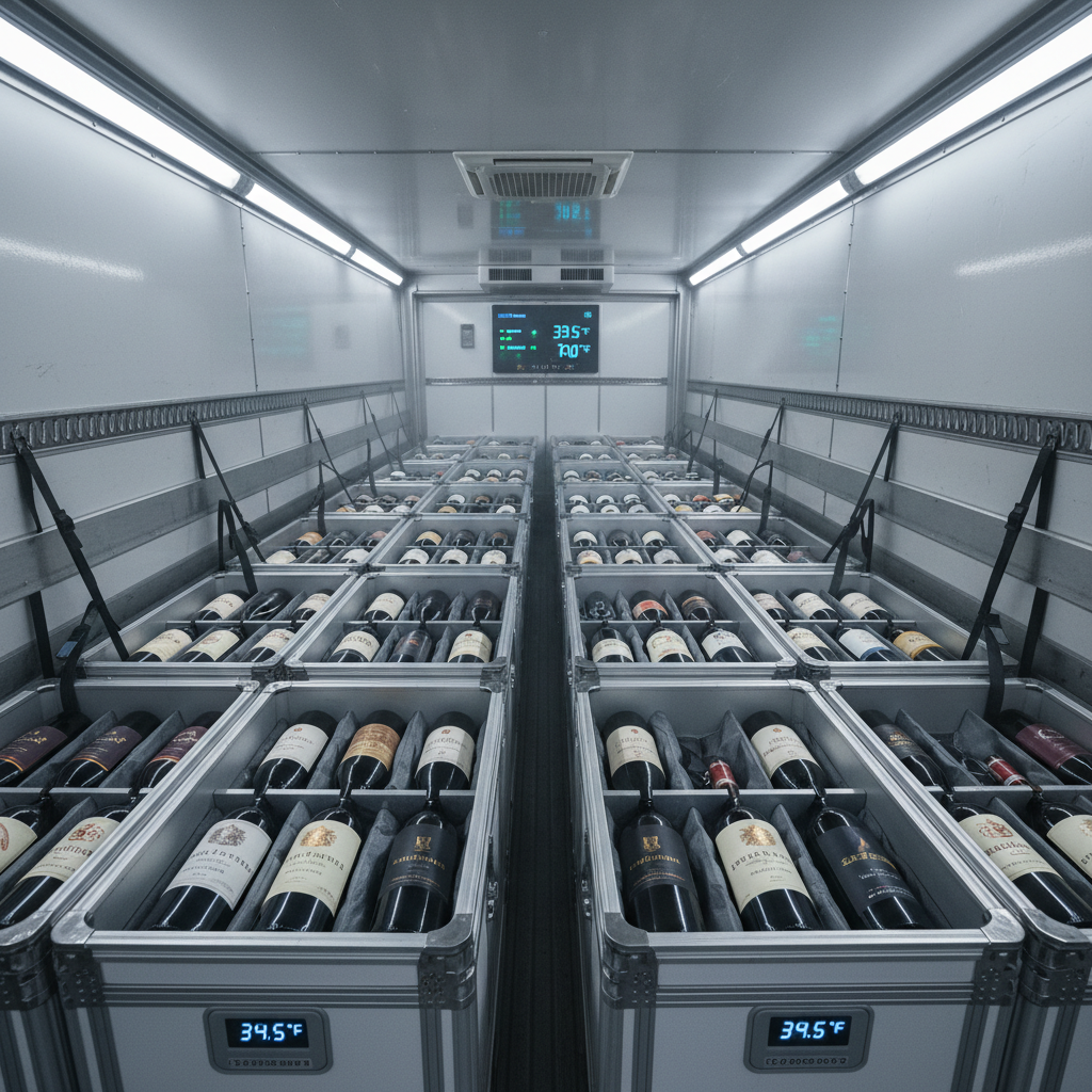 Climate-controlled wine transport truck interior showing temperature-monitored cargo holds with bottles secured in insulated crates