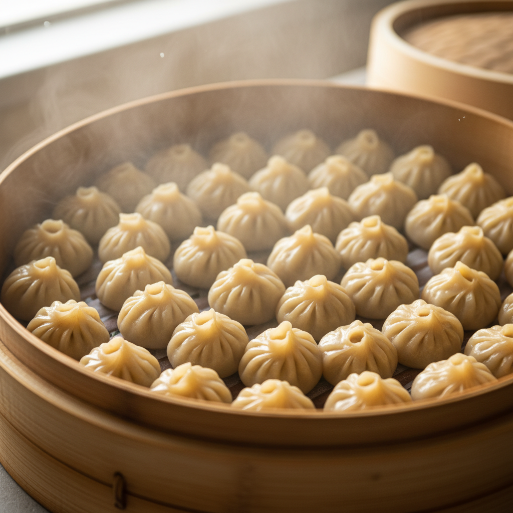 Rows of hand-pleated momos arranged on a bamboo steamer, steam rising in soft wisps