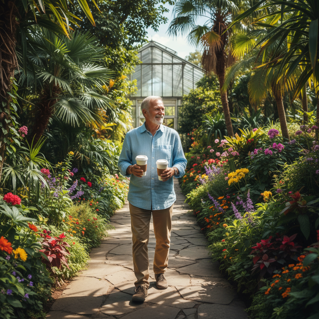 An older man in his early seventies walking through a botanical garden on a sunny afternoon, holding two paper coffee cups, smiling at someone just out of frame