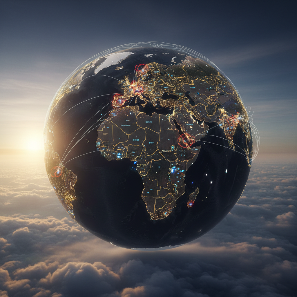 Aerial view of global network infrastructure visualization showing interconnected data centers across dark atmospheric background