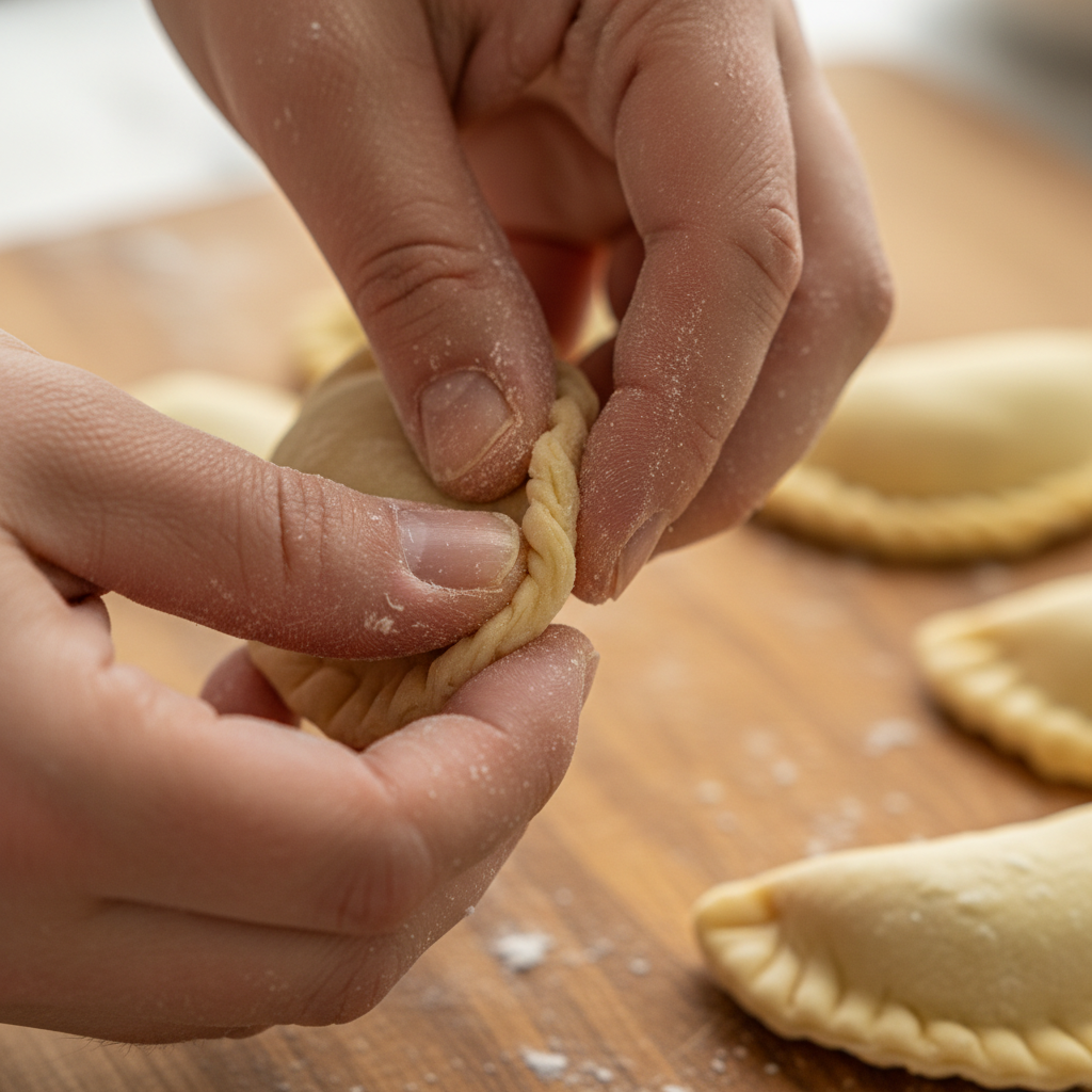Hands crimping sambousek pastry edges dusted with flour on a wooden surface