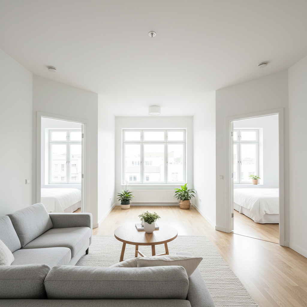 Spacious family suite with bright living room, two bedrooms visible through doorway, and warm ivory interior design