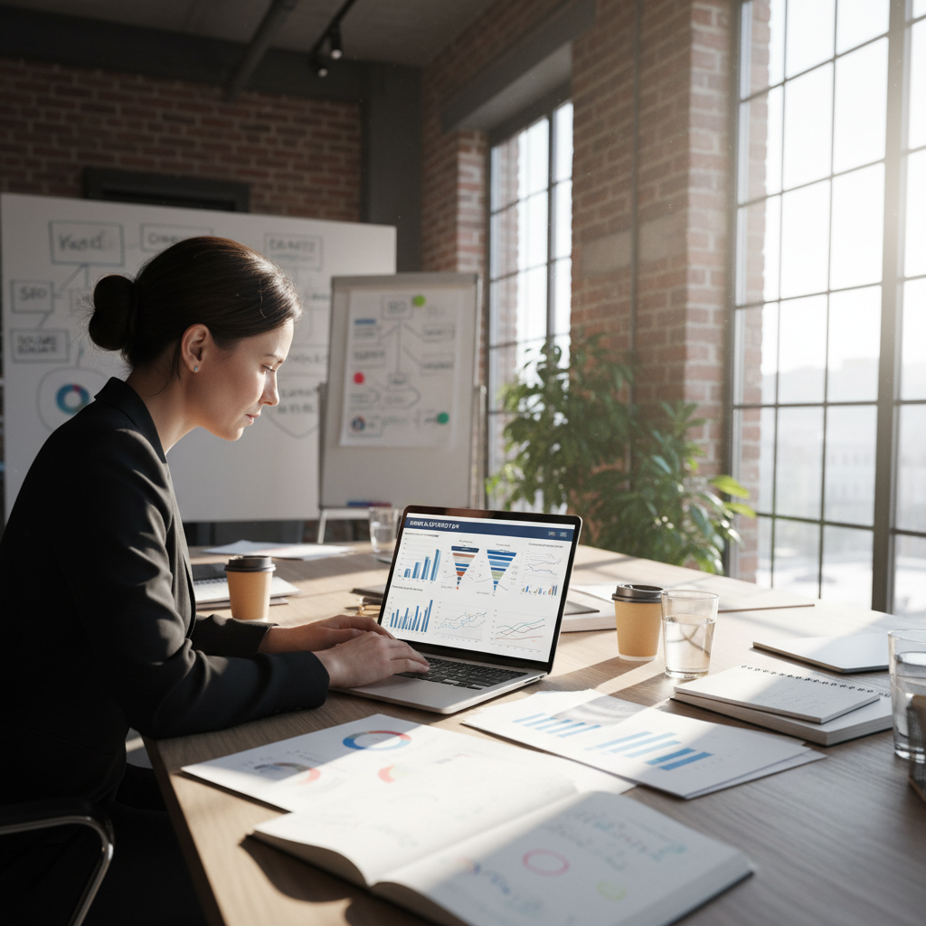 Professional working on digital marketing strategy with charts on screen, bright modern office