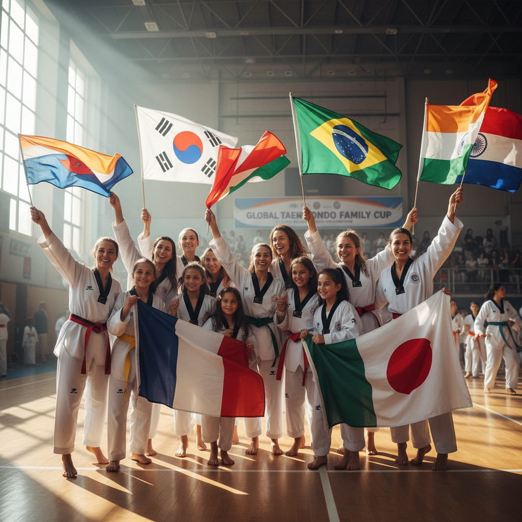 International group of mothers and daughters in taekwondo uniforms celebrating together with flags