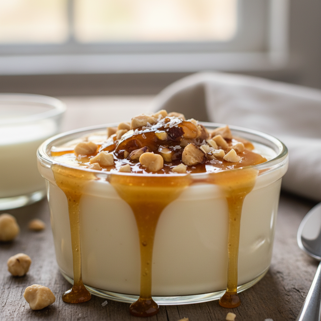 Panna Cotta al Caramello - Silky vanilla panna cotta, salted caramel sauce, candied haz