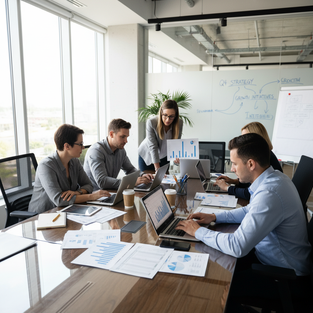 Bright modern office with team members collaborating around a table with laptops and charts