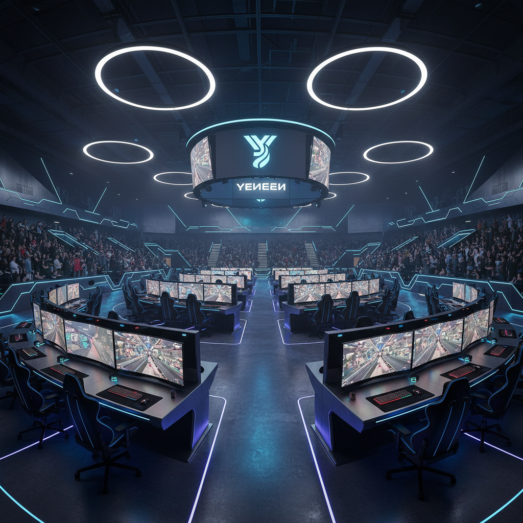 Esports arena with rows of illuminated gaming stations, deep shadows, dark atmospheric hall with blue and purple neon