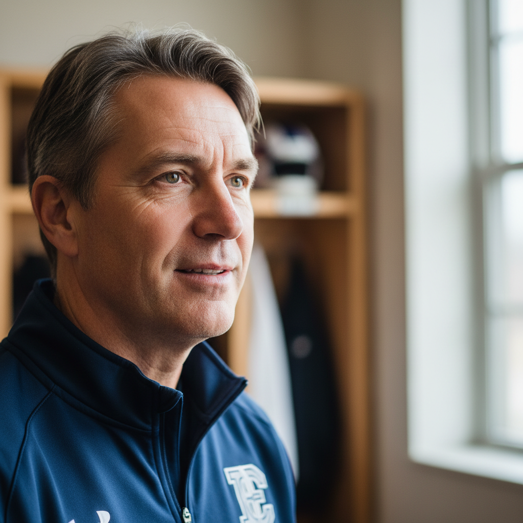 Coach listening intently, head slightly tilted