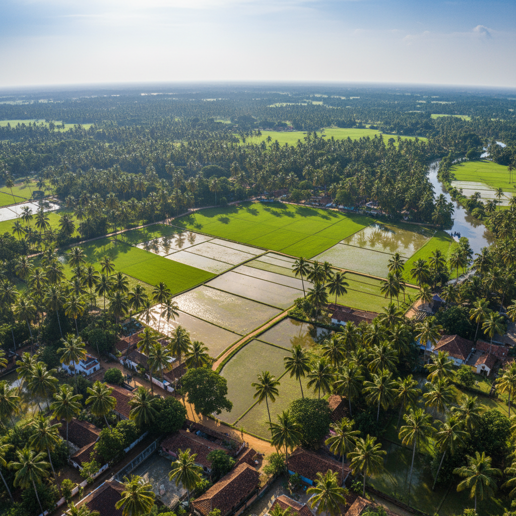 Aerial view of Ramapuram village with green paddy fields, coconut groves and traditional houses