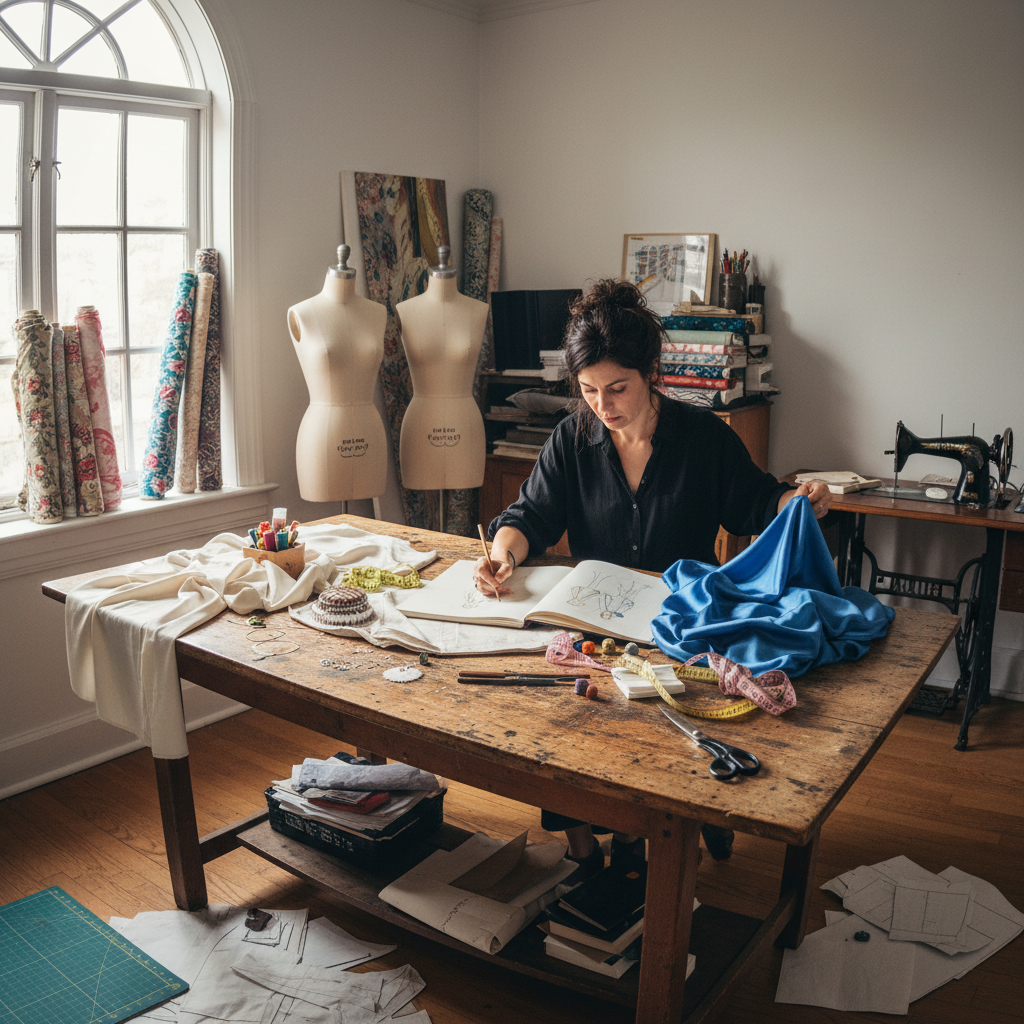 Fashion designer sketching clothing designs on bright studio desk with fabric swatches