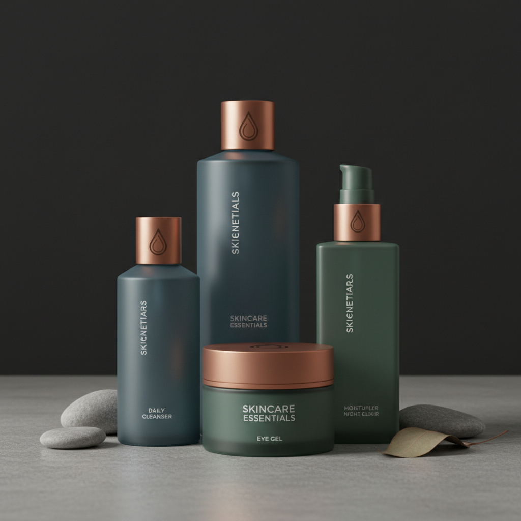 Clean minimal skincare product photography with warm cream tones on dark studio backdrop