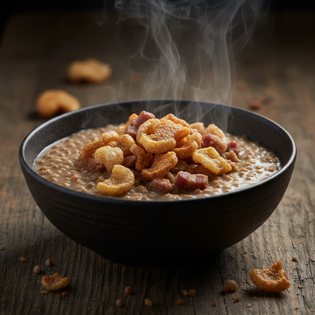 Buckwheat porridge with crispy pork cracklings in a dark ceramic bowl with steam rising