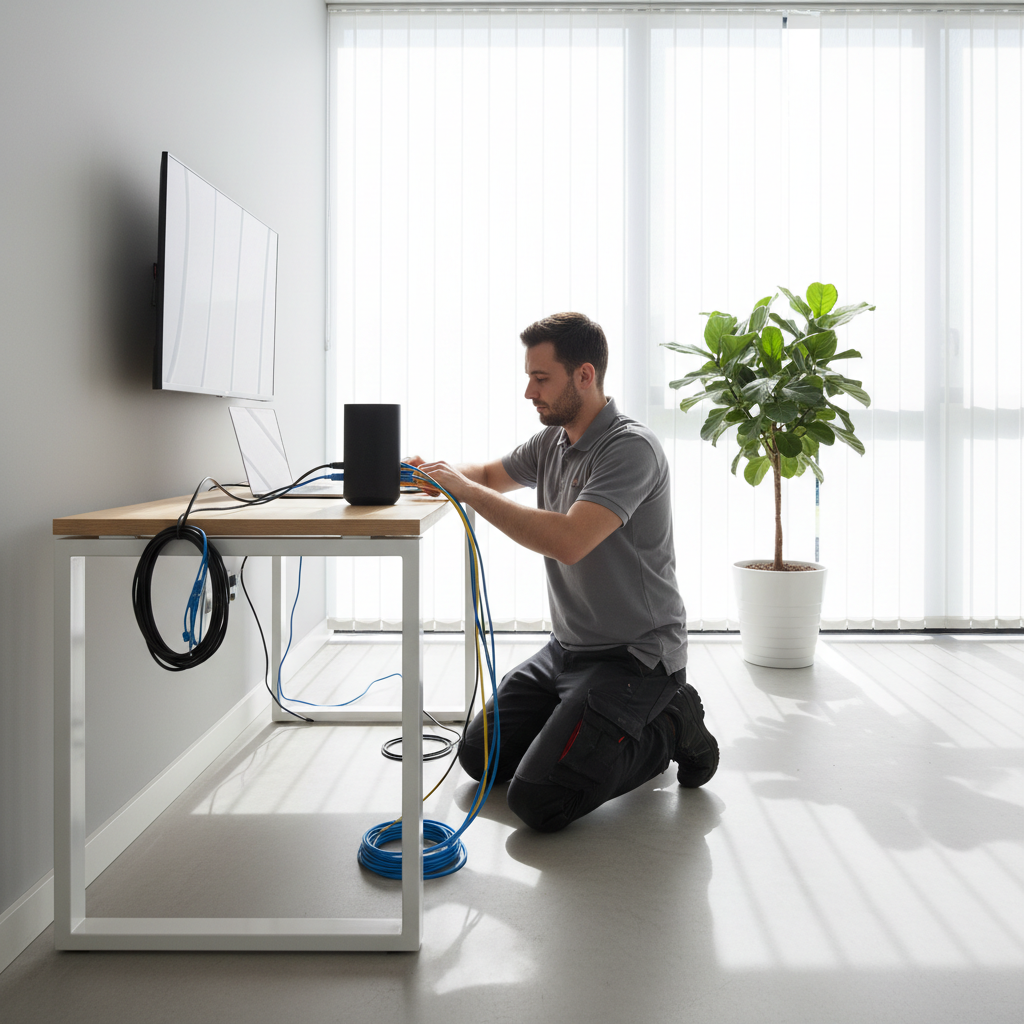 Tech support professional setting up a home network router and smart devices