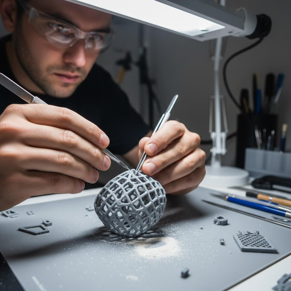 Lab technician hand-finishing custom orthotic shell with precision tools under bright clinical lighting