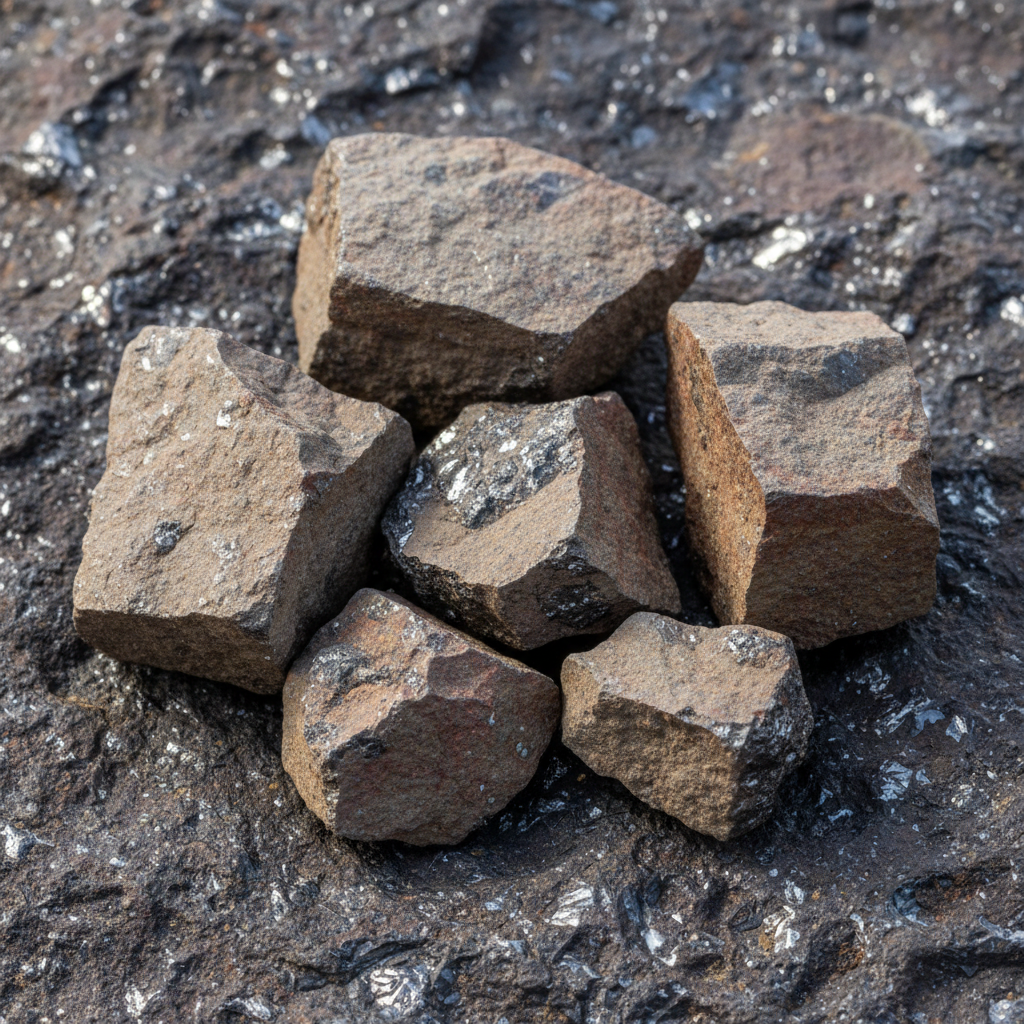 Iron ore rocks with reddish-brown metallic surface, dark industrial background, heavy minerals