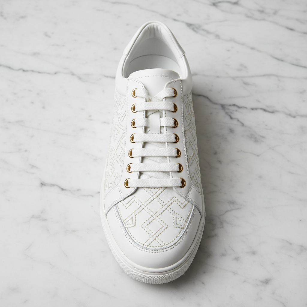 Classic white canvas sneakers from top-down angle on marble surface