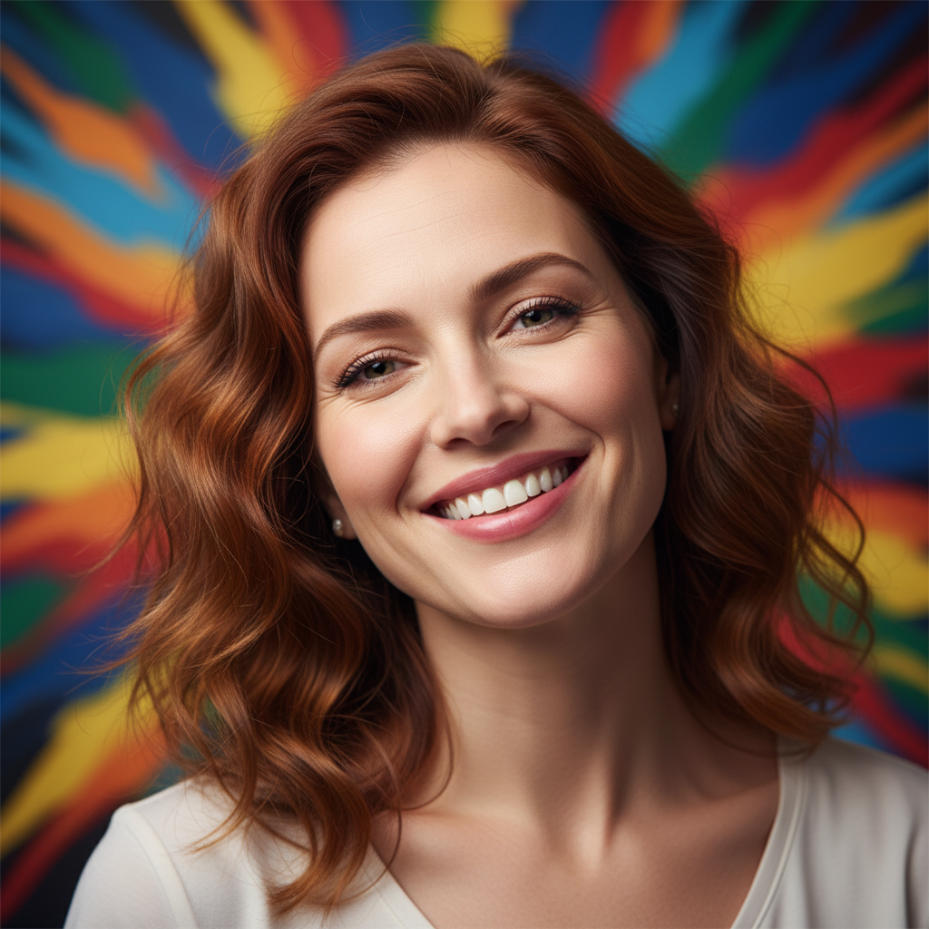 Actor headshot — woman with vibrant energy, colorful background