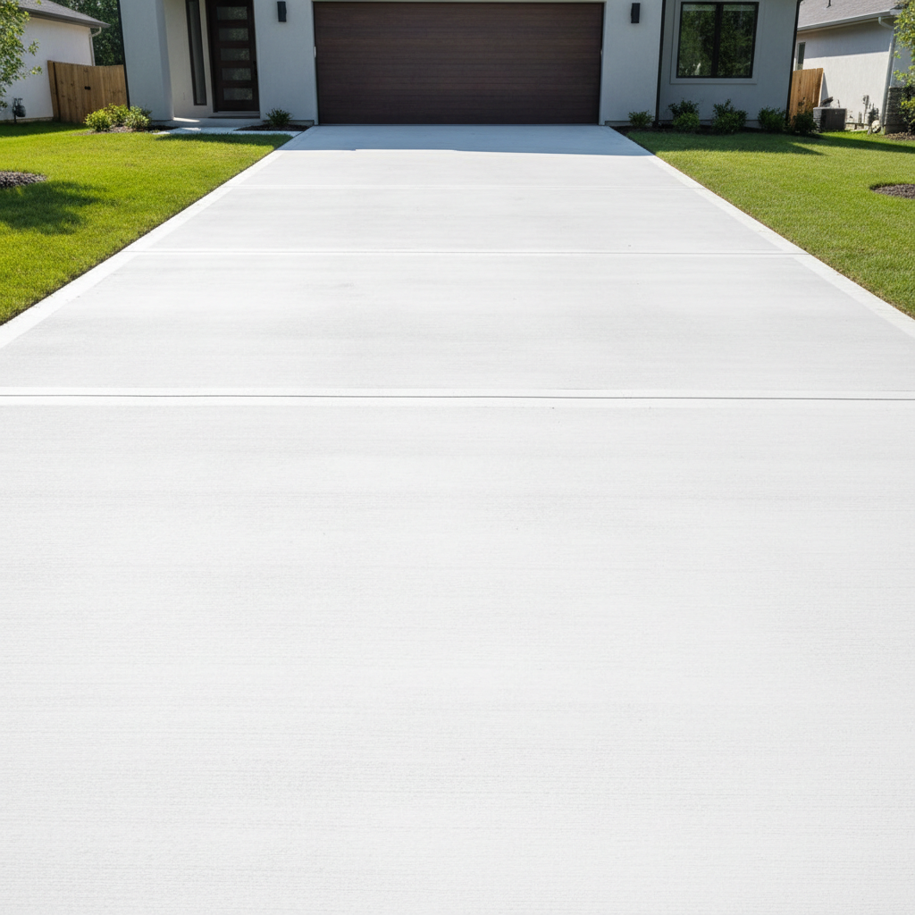 Close-up of dark oil stain on concrete driveway surface showing texture and discoloration