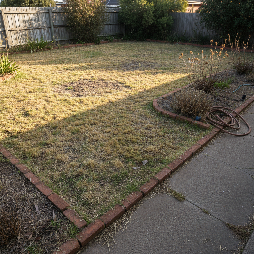 Patchy, yellowing kikuyu lawn with uneven edges in Constantia garden before Turf service