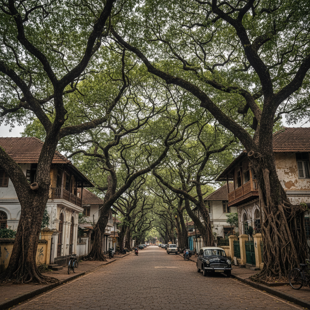 Tree-canopied street in old Bengaluru neighbourhood with traditional houses and ancient trees casting deep shadows, overcast sky