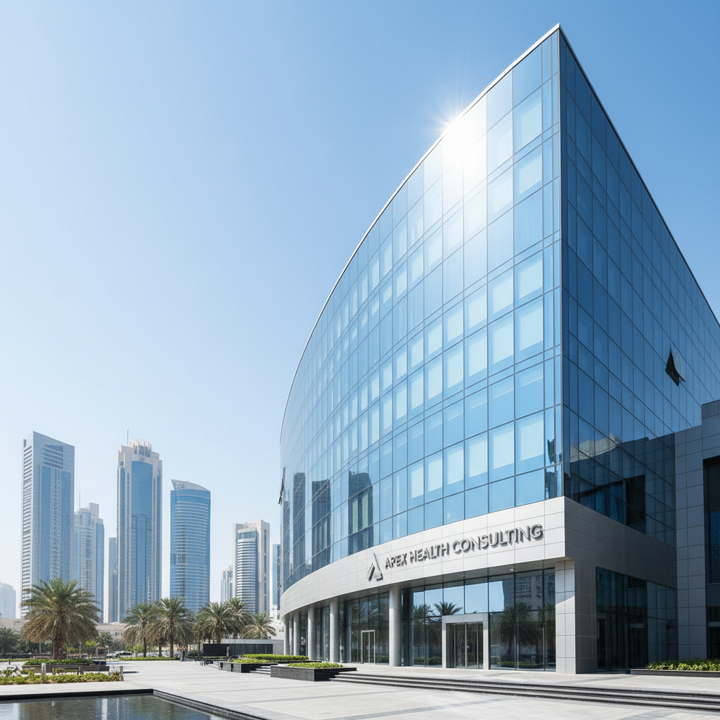 Apex Health Consulting Abu Dhabi office in prestigious business tower with UAE skyline view