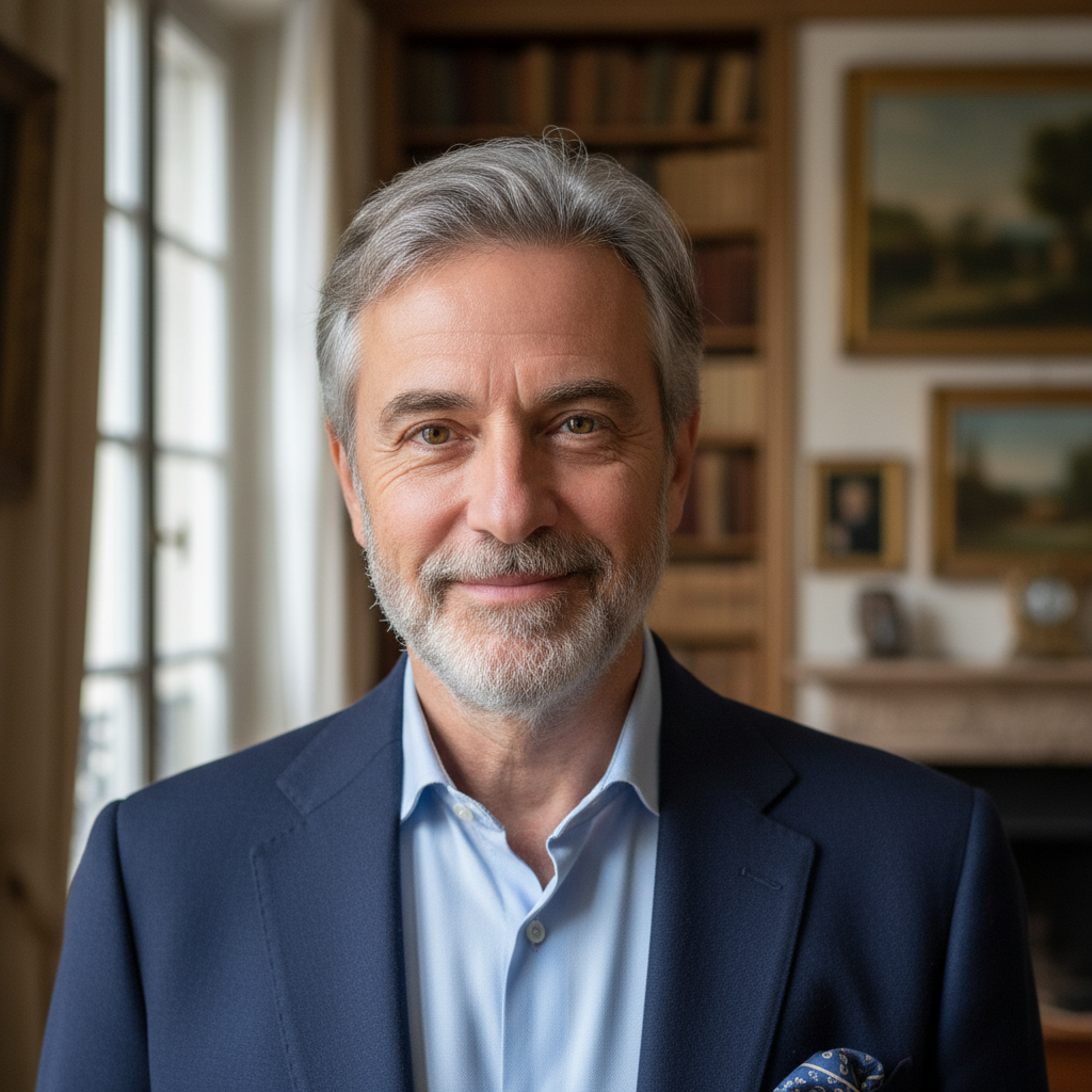 Portrait of Monsieur Henri Delacroix, an elegant French gentleman in his 50s with silver temples and a warm smile