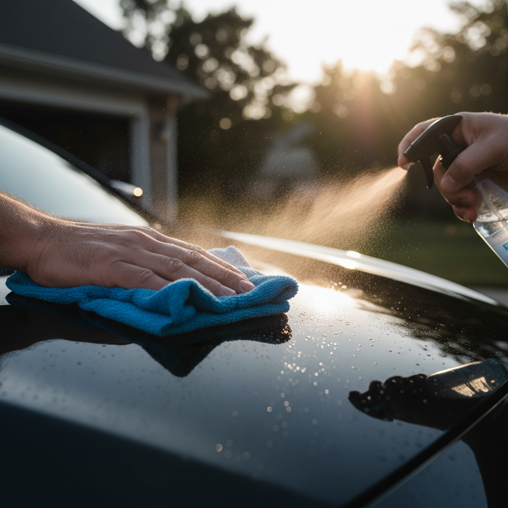 Professional detailer wiping car hood with microfiber cloth revealing mirror-like gloss finish, dramatic studio lighting, dark background