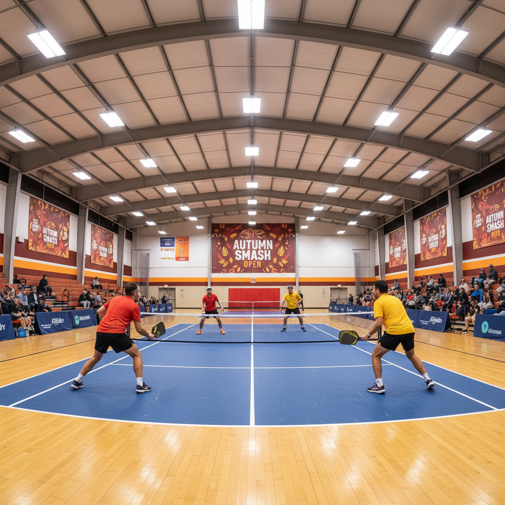 Indoor pickleball tournament with autumn color branding, players competing in doubles format under bright gymnasium lights