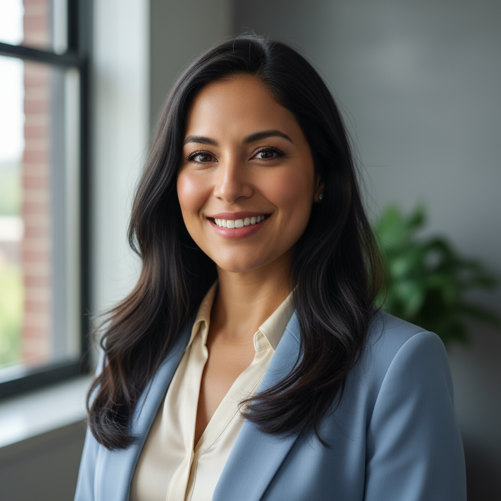Latina woman with brown eyes and warm smile