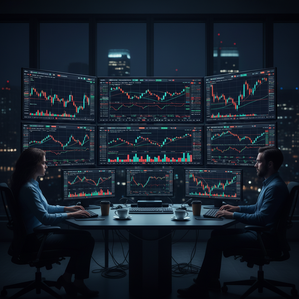 Financial charts and graphs on multiple screens in trading environment