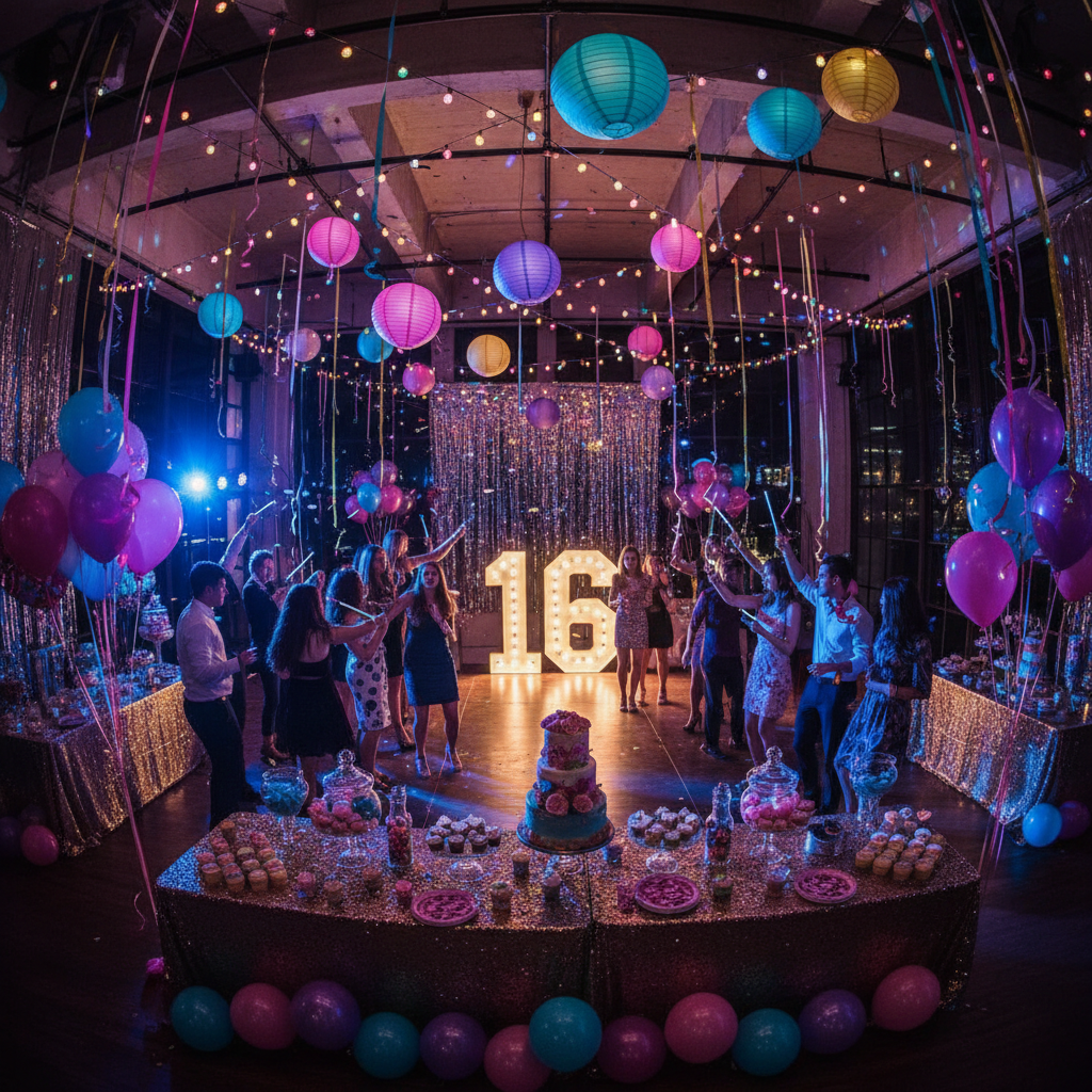Colorful 18th birthday party with balloon arch, dessert table, and fairy lights in a bright venue