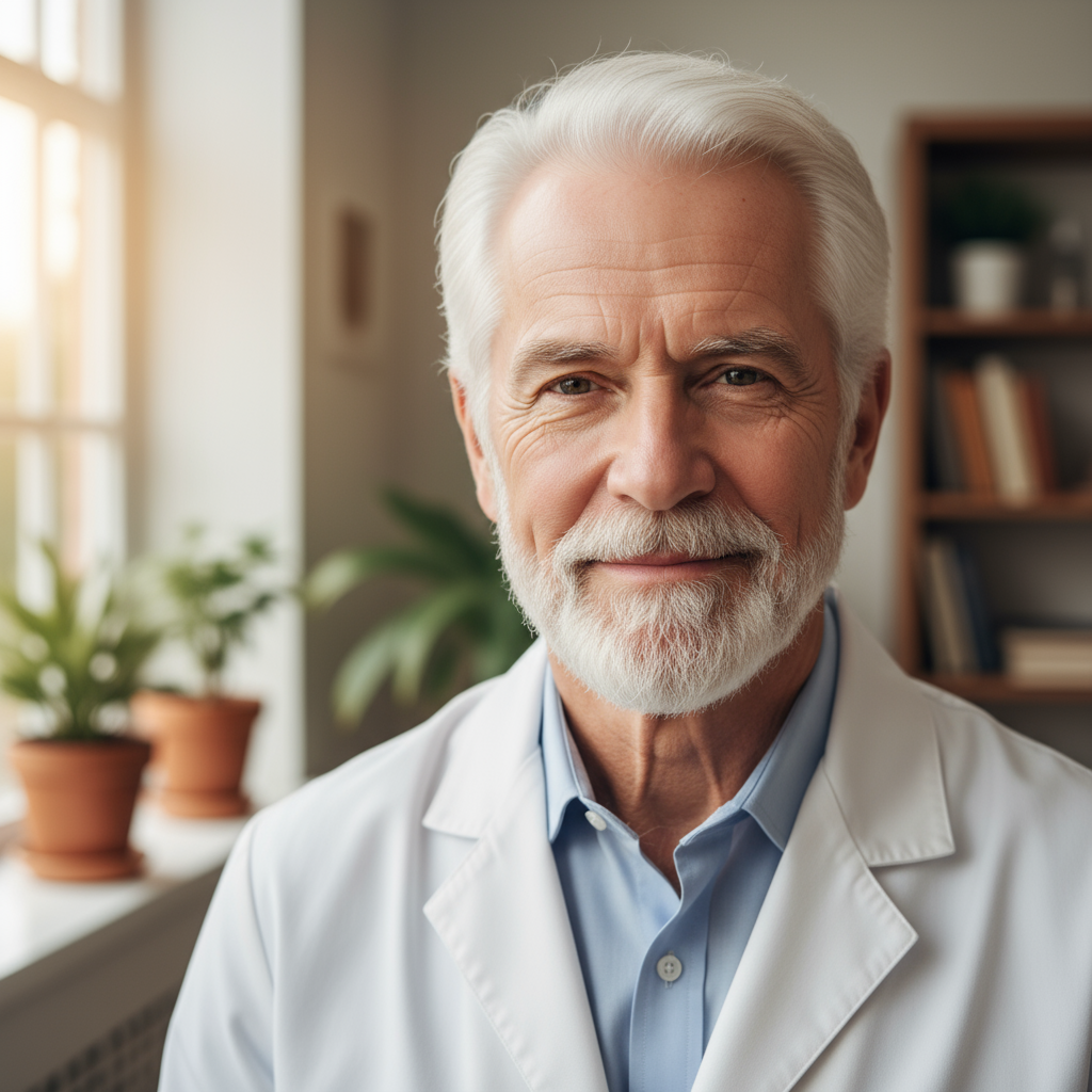 Senior male doctor in white coat with glasses, professional medical setting, experienced and trustworthy appearance
