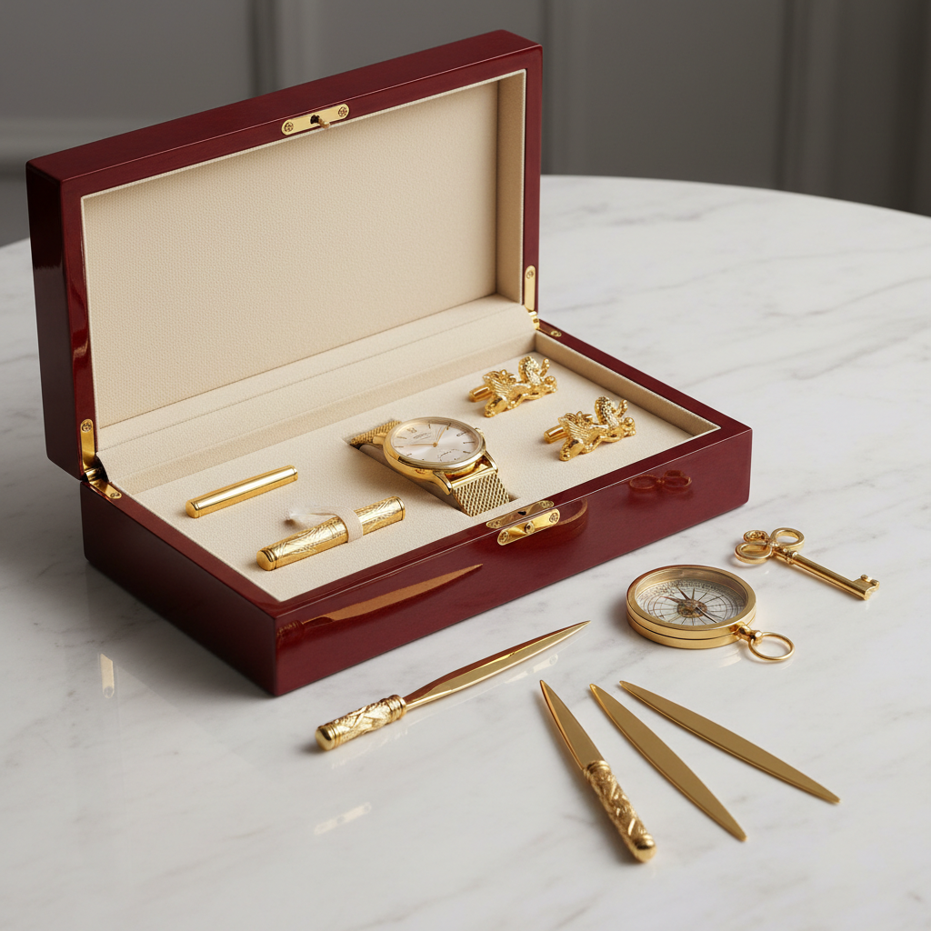 Elegant executive pen set in branded box on wooden surface