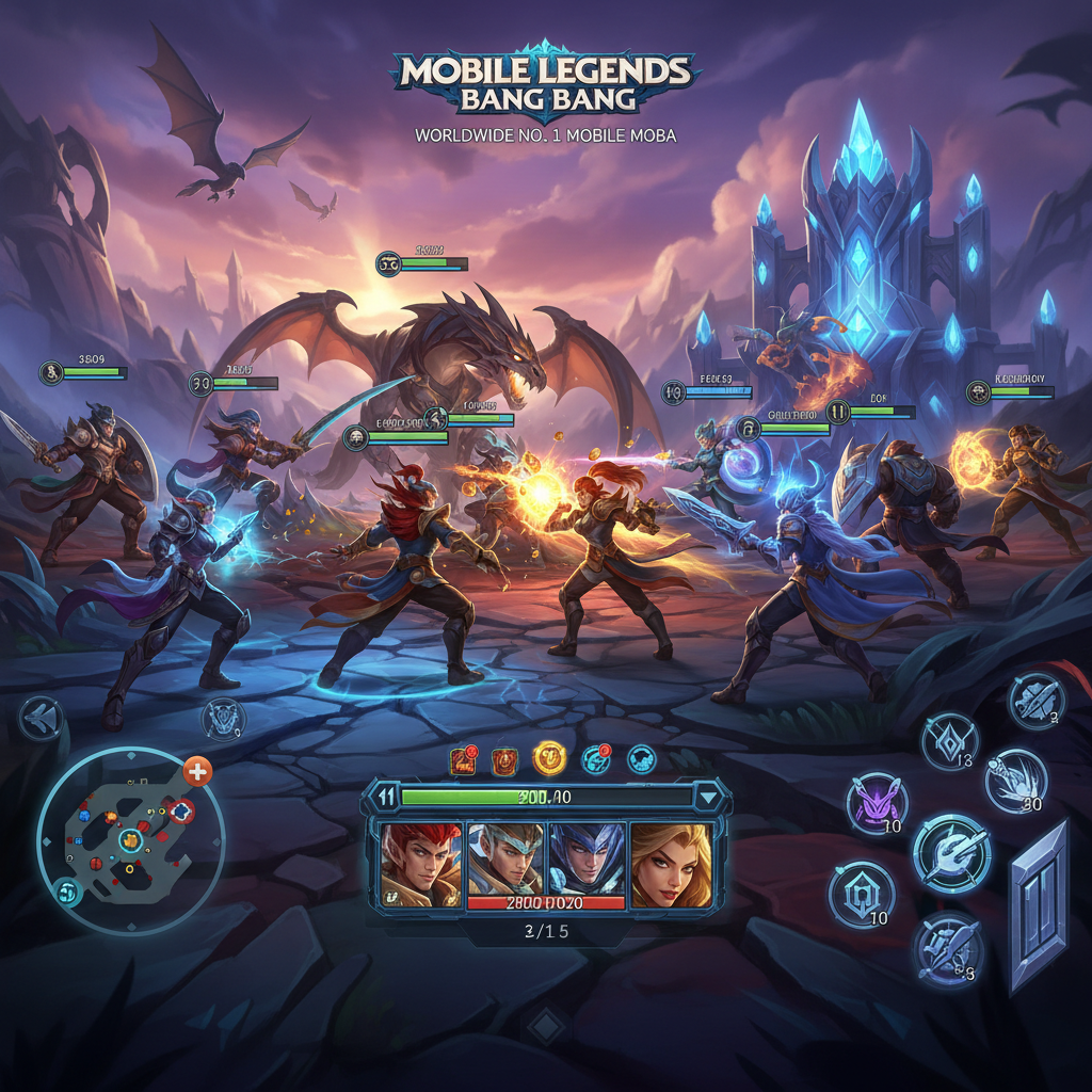 Mobile Legends game interface on a smartphone screen with colorful characters