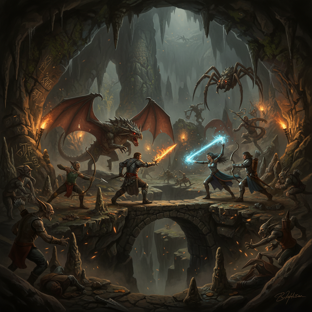 Dark fantasy anime dungeon scene with adventurers exploring underground cavern