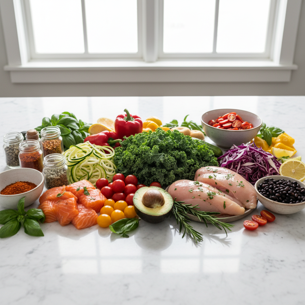 Artisan meal kit flat lay with fresh premium ingredients on dark slate surface, rich natural lighting