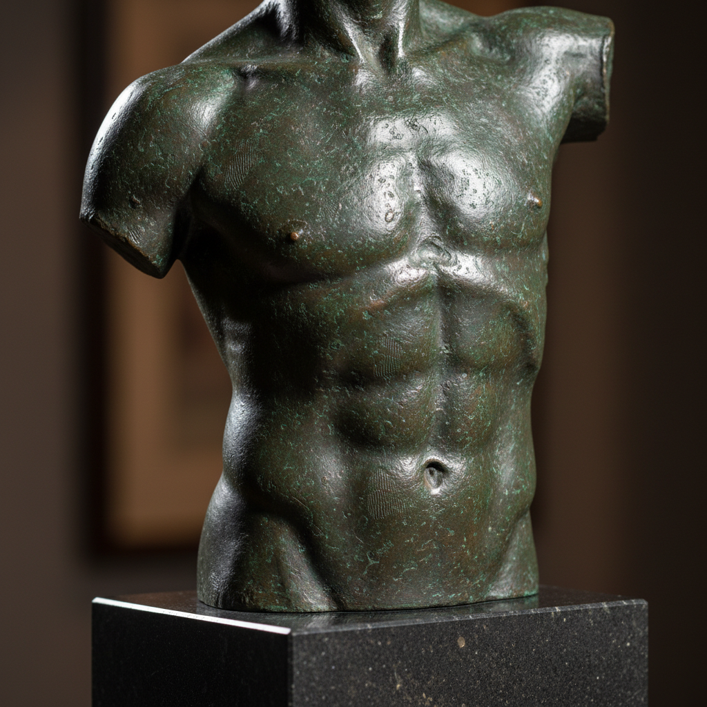 Finished bronze figure torso on plinth, raking side light revealing surface texture and patina