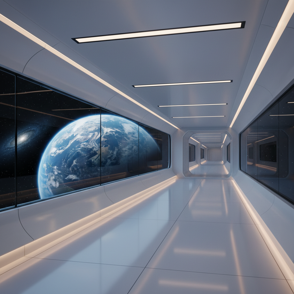 Futuristic space station interior with crew working in cinematic wide angle view