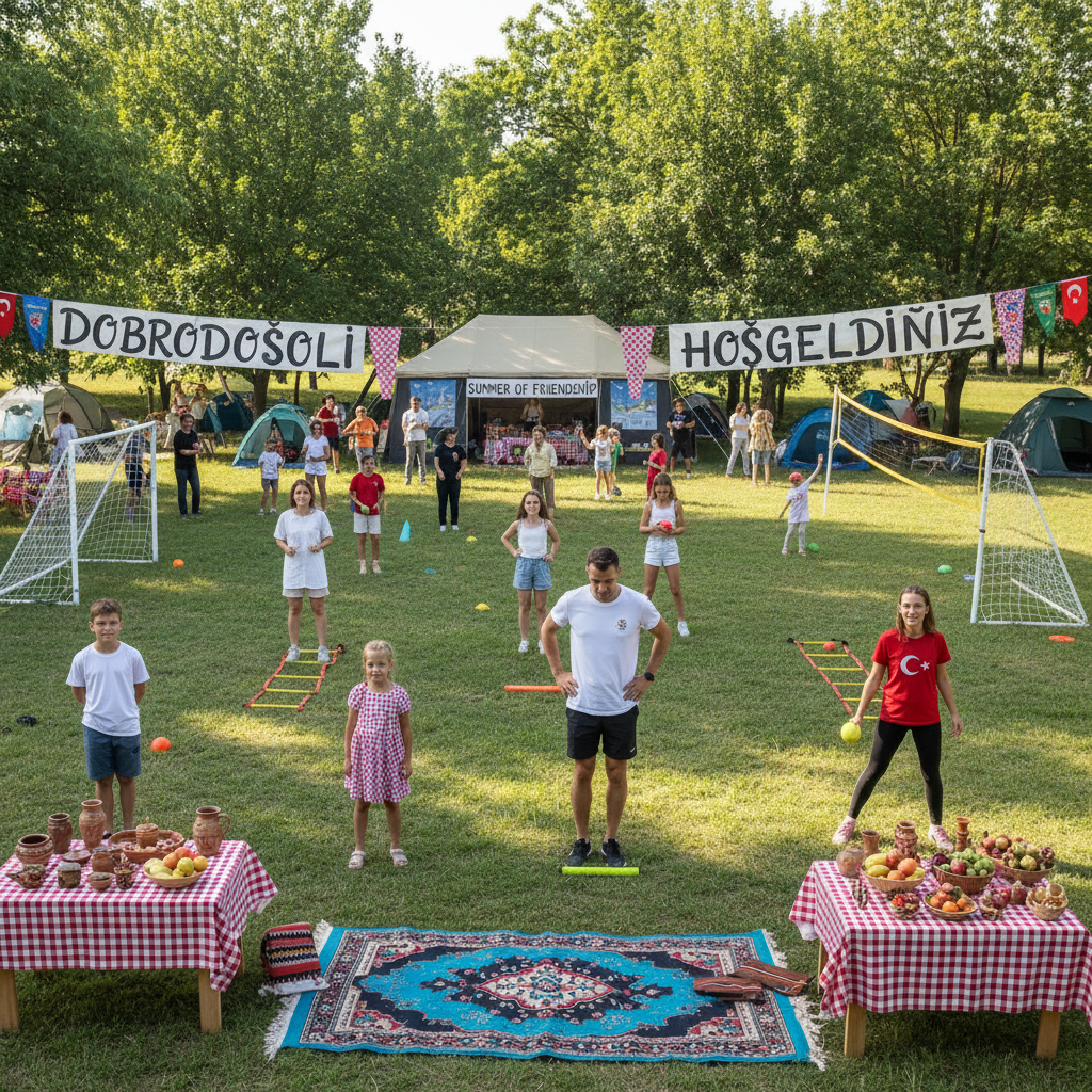 Mixed group of Croatian and Turkish families in summer camp setting with training equipment and cultural decorations