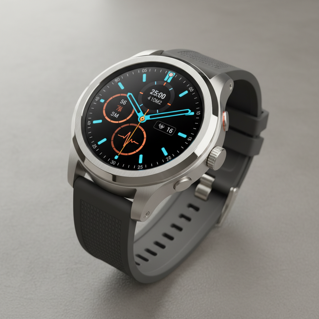 Smart watch with round face and black band displaying health metrics on screen