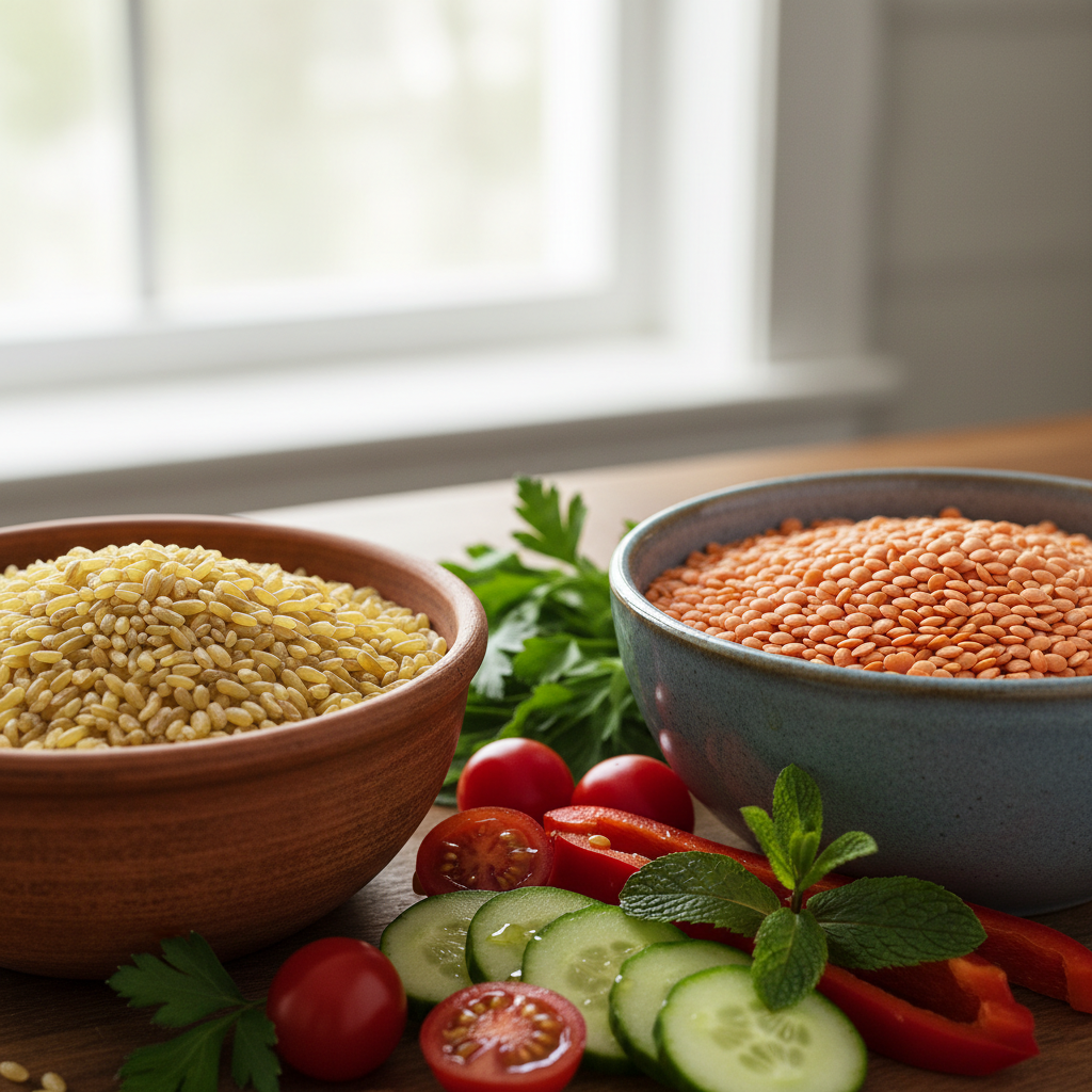 Dry bulgur wheat and red lentils in ceramic bowls with fresh vegetables