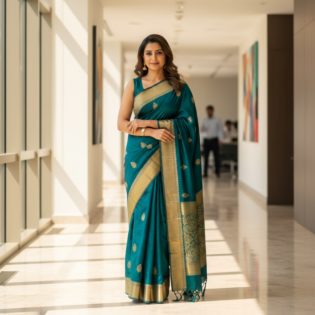 Confident Indian professional woman in a deep teal Kanjeevaram silk saree standing in a modern office corridor