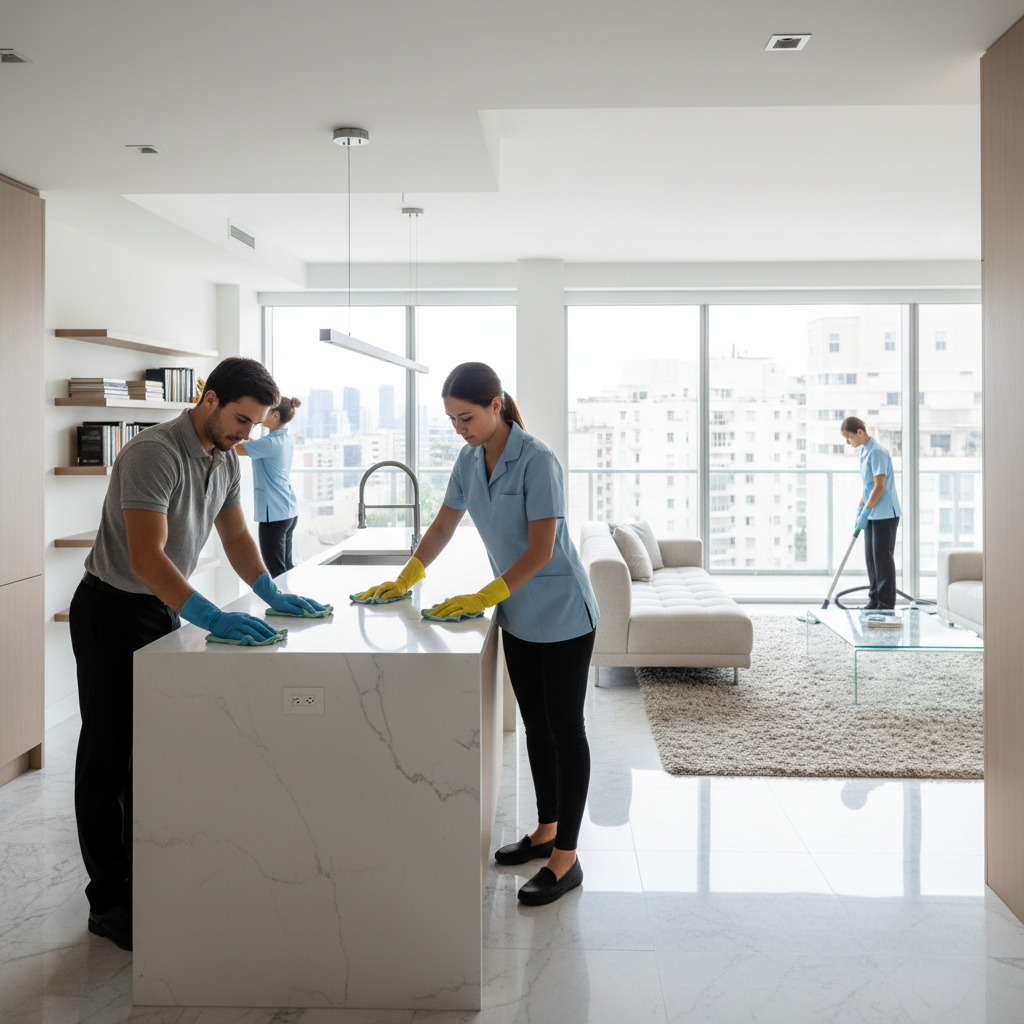 Professional cleaner in dark uniform working in a shadowed modern apartment, dim atmospheric lighting, deep blue tones, low-key moody environment