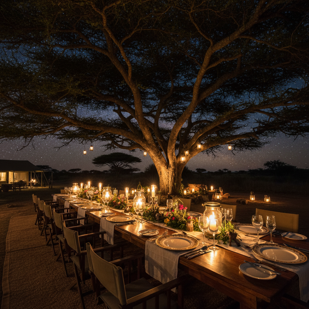 Luxury safari camp Zimbabwe, warm lantern light, canvas tents, dark bush backdrop, atmospheric evening