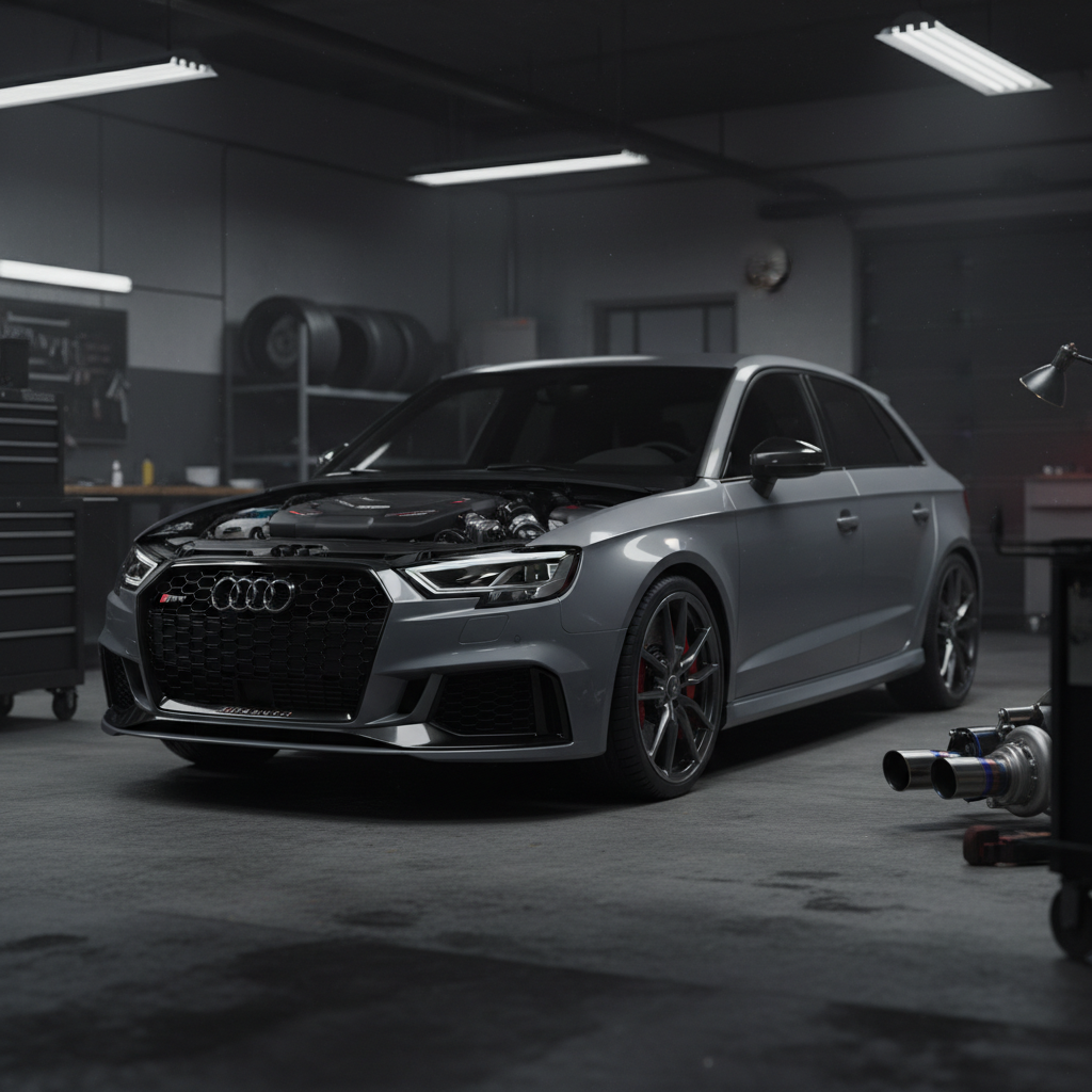 Stock Audi RS3 idling in a dim garage bay, factory exhaust, OEM turbo
